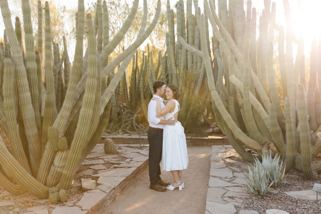 Arizona couple engagement portraits behind cactus in Desert Botanical Garden. 