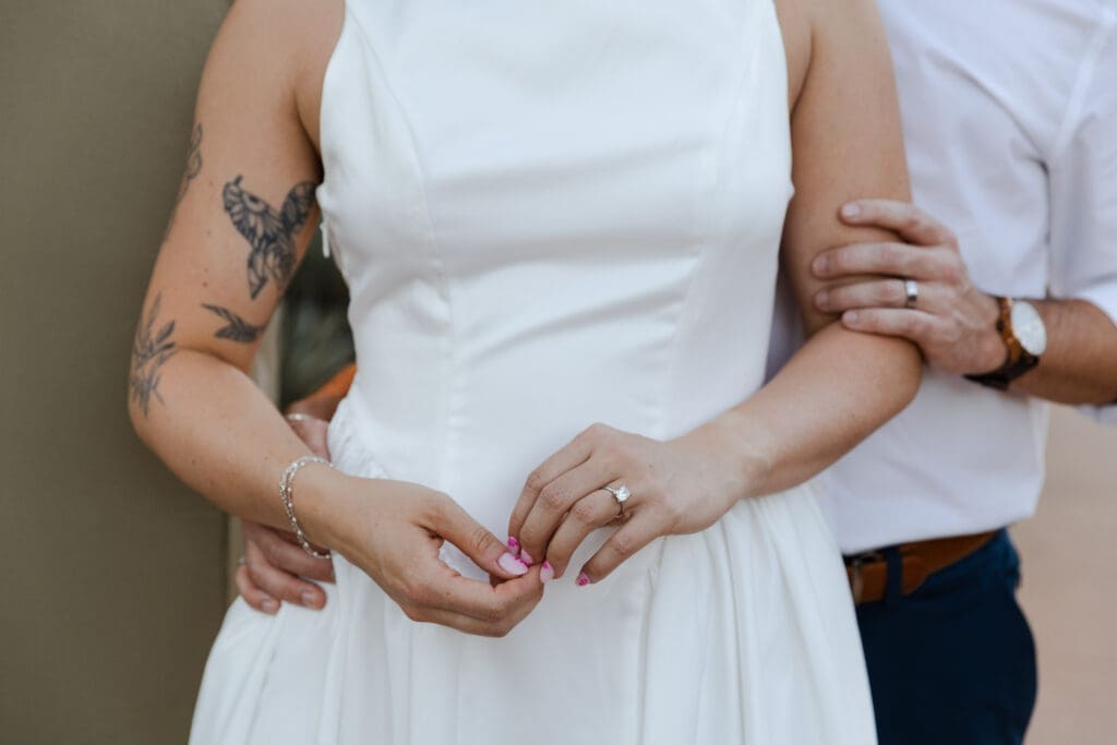 Engagement ring and engagement dress details. 