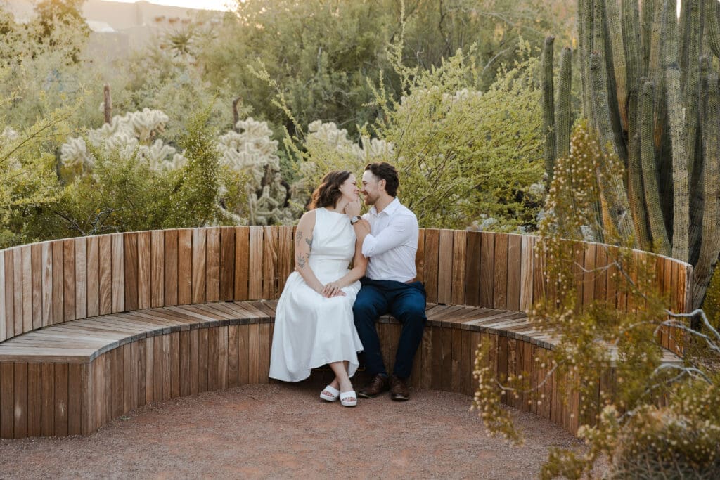 Couple's engagement portrait on bench surrounding cactus. 