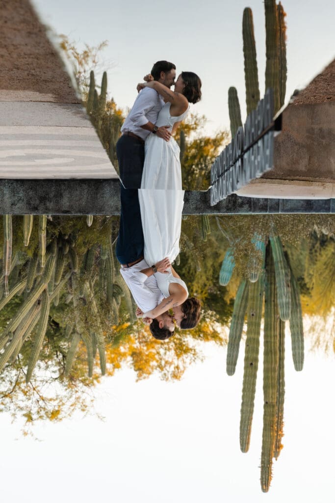 Reflective couple's portrait for engagement photos in Arizona's Botanical Garden. 