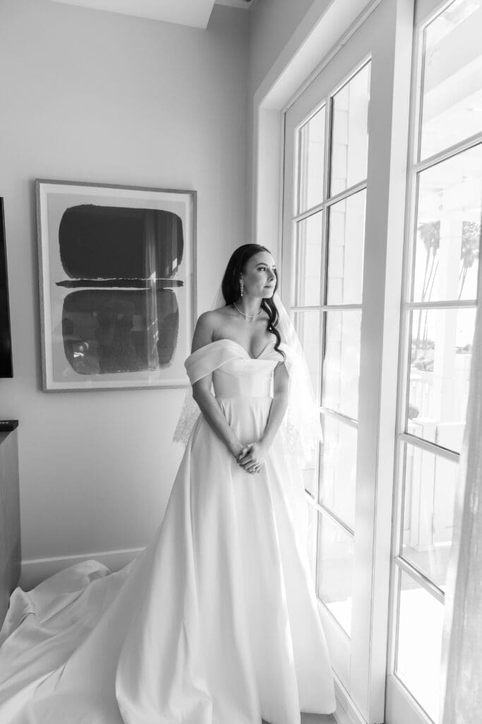 Black and white bride portrait while getting ready