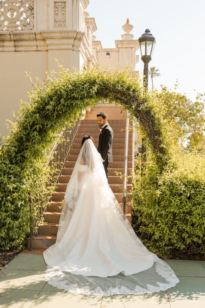 Bride and groom outdoor wedding portrait
